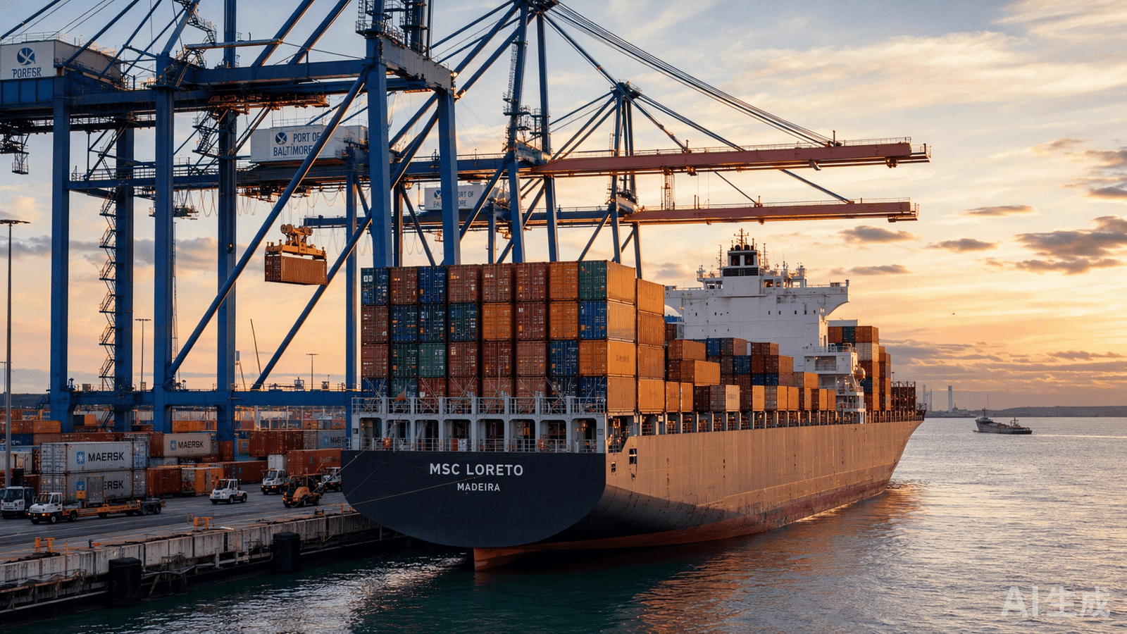 Container ship being loaded by gantry cranes at a port at golden hour, illustrating FOB (Free On Board) delivery