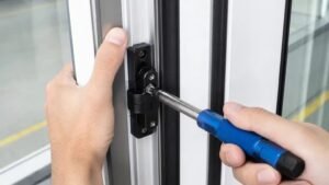 Hands using a torque screwdriver on a gate latch mounting bolt